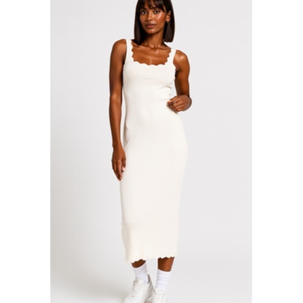 Princess Polly White Ribbed Knit Scalloped Bodycon Midi Tank Dress S/M